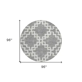 8' Gray And Ivory Round Geometric Washable Indoor Outdoor Area Rug