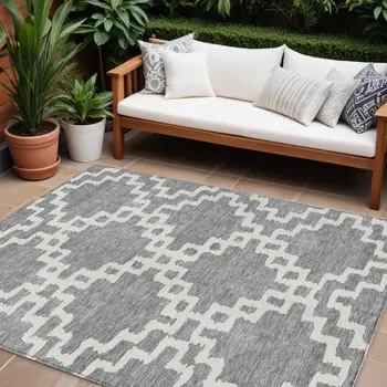 8' X 10' Gray And Ivory Geometric Washable Indoor Outdoor Area Rug