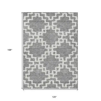 10' X 14' Gray And Ivory Geometric Washable Indoor Outdoor Area Rug