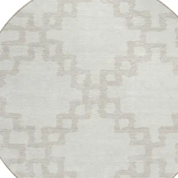 8' Ivory And Beige Round Geometric Washable Indoor Outdoor Area Rug