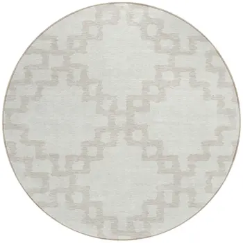 8' Ivory And Beige Round Geometric Washable Indoor Outdoor Area Rug