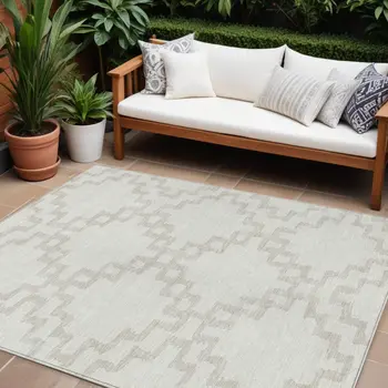 10' X 14' Ivory And Beige Geometric Washable Indoor Outdoor Area Rug