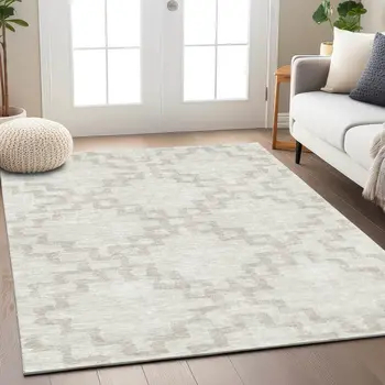 10' X 14' Ivory And Beige Geometric Washable Indoor Outdoor Area Rug