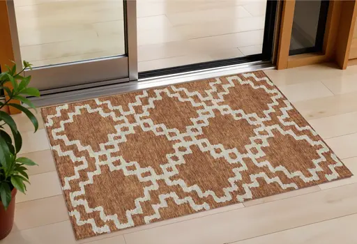 3' X 5' Brown And Ivory Geometric Washable Indoor Outdoor Area Rug