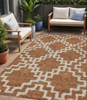 5' X 8' Brown And Ivory Geometric Washable Indoor Outdoor Area Rug
