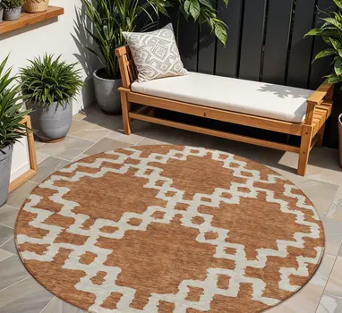 8' Brown And Ivory Round Geometric Washable Indoor Outdoor Area Rug