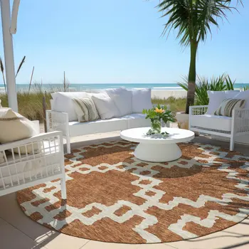8' Brown And Ivory Round Geometric Washable Indoor Outdoor Area Rug