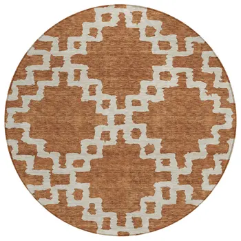 8' Brown And Ivory Round Geometric Washable Indoor Outdoor Area Rug