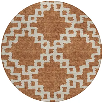 8' Brown And Ivory Round Geometric Washable Indoor Outdoor Area Rug