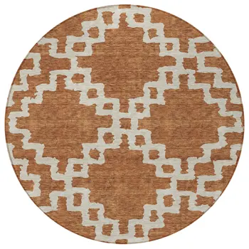 8' Brown And Ivory Round Geometric Washable Indoor Outdoor Area Rug