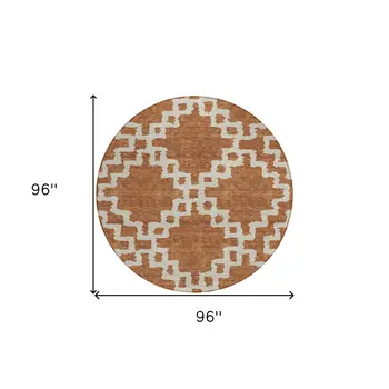 8' Brown And Ivory Round Geometric Washable Indoor Outdoor Area Rug