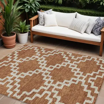8' X 10' Brown And Ivory Geometric Washable Indoor Outdoor Area Rug