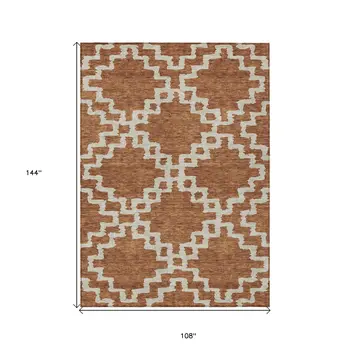 9' X 12' Brown And Ivory Geometric Washable Indoor Outdoor Area Rug