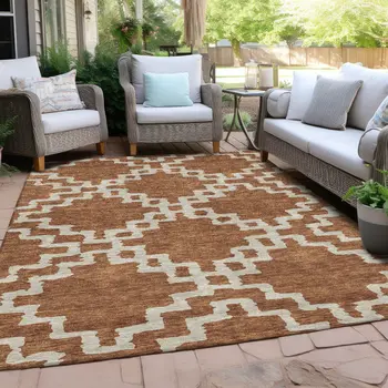 10' X 14' Brown And Ivory Geometric Washable Indoor Outdoor Area Rug