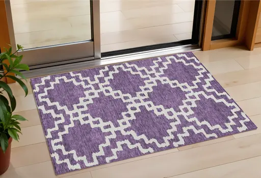 3' X 5' Purple And Ivory Geometric Washable Indoor Outdoor Area Rug