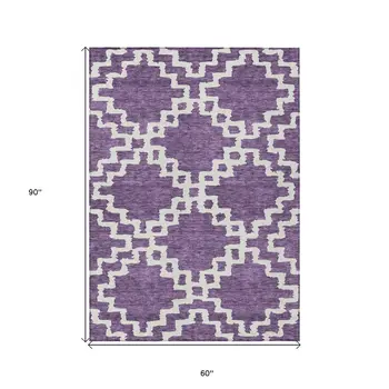 5' X 8' Purple And Ivory Geometric Washable Indoor Outdoor Area Rug