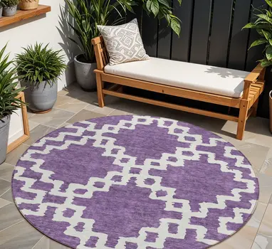 8' Purple And Ivory Round Geometric Washable Indoor Outdoor Area Rug