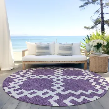 8' Purple And Ivory Round Geometric Washable Indoor Outdoor Area Rug