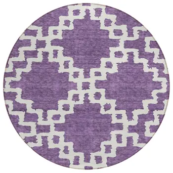 8' Purple And Ivory Round Geometric Washable Indoor Outdoor Area Rug