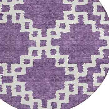 8' Purple And Ivory Round Geometric Washable Indoor Outdoor Area Rug