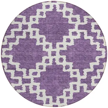 8' Purple And Ivory Round Geometric Washable Indoor Outdoor Area Rug