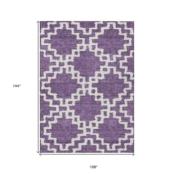 9' X 12' Purple And Ivory Geometric Washable Indoor Outdoor Area Rug
