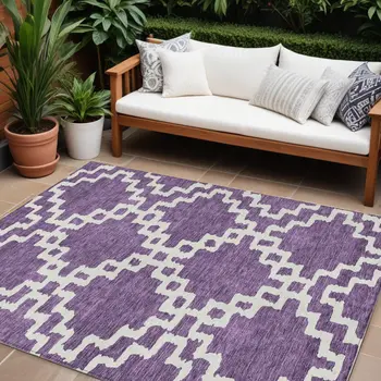 10' X 14' Purple And Ivory Geometric Washable Indoor Outdoor Area Rug