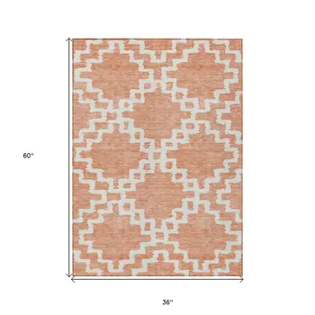 3' X 5' Salmon And Ivory Geometric Washable Indoor Outdoor Area Rug