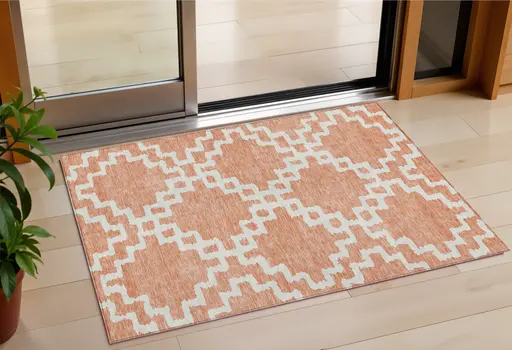 3' X 5' Salmon And Ivory Geometric Washable Indoor Outdoor Area Rug