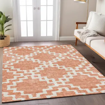3' X 5' Salmon And Ivory Geometric Washable Indoor Outdoor Area Rug