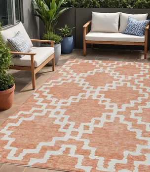 5' X 8' Salmon And Ivory Geometric Washable Indoor Outdoor Area Rug