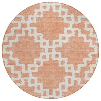 8' Salmon And Ivory Round Geometric Washable Indoor Outdoor Area Rug
