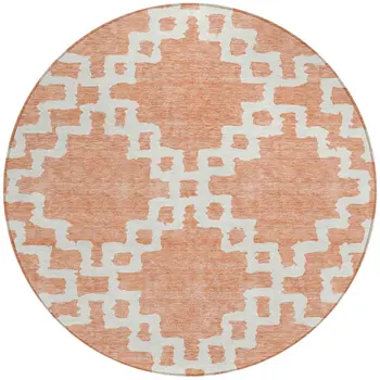 8' Salmon And Ivory Round Geometric Washable Indoor Outdoor Area Rug