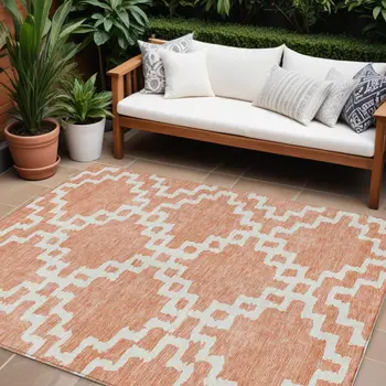 8' X 10' Salmon And Ivory Geometric Washable Indoor Outdoor Area Rug