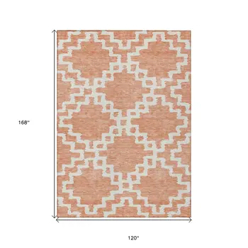 10' X 14' Salmon And Ivory Geometric Washable Indoor Outdoor Area Rug