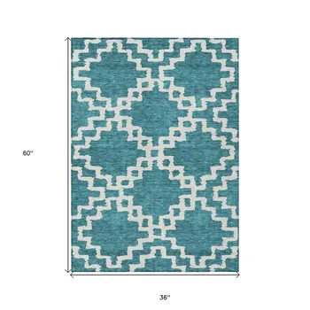 3' X 5' Teal Blue And Ivory Geometric Washable Indoor Outdoor Area Rug