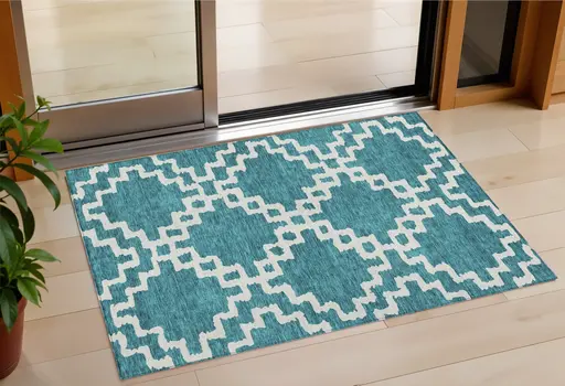 3' X 5' Teal Blue And Ivory Geometric Washable Indoor Outdoor Area Rug