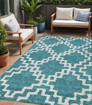 5' X 8' Teal Blue And Ivory Geometric Washable Indoor Outdoor Area Rug