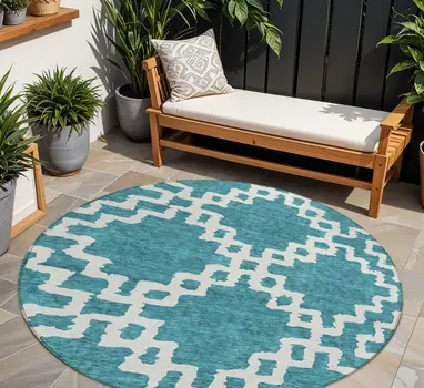 8' Teal Blue And Ivory Round Geometric Washable Indoor Outdoor Area Rug