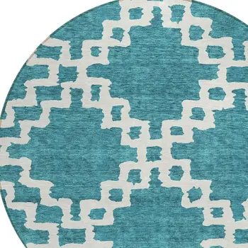 8' Teal Blue And Ivory Round Geometric Washable Indoor Outdoor Area Rug