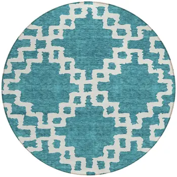 8' Teal Blue And Ivory Round Geometric Washable Indoor Outdoor Area Rug
