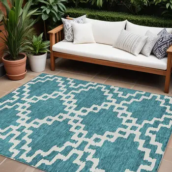 8' X 10' Teal Blue And Ivory Geometric Washable Indoor Outdoor Area Rug