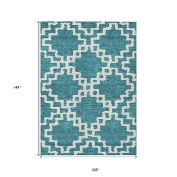 9' X 12' Teal Blue And Ivory Geometric Washable Indoor Outdoor Area Rug