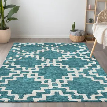 9' X 12' Teal Blue And Ivory Geometric Washable Indoor Outdoor Area Rug