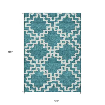 10' X 14' Teal Blue And Ivory Geometric Washable Indoor Outdoor Area Rug