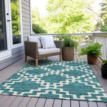10' X 14' Teal Blue And Ivory Geometric Washable Indoor Outdoor Area Rug