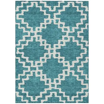 10' X 14' Teal Blue And Ivory Geometric Washable Indoor Outdoor Area Rug