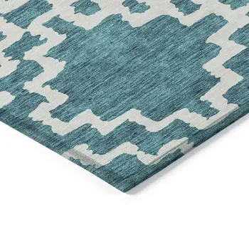10' X 14' Teal Blue And Ivory Geometric Washable Indoor Outdoor Area Rug