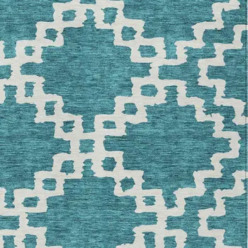 10' X 14' Teal Blue And Ivory Geometric Washable Indoor Outdoor Area Rug