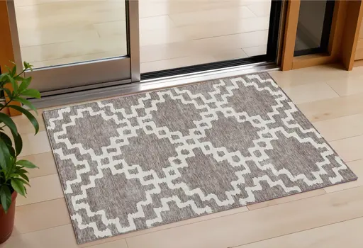 3' X 5' Taupe And Ivory Geometric Washable Indoor Outdoor Area Rug